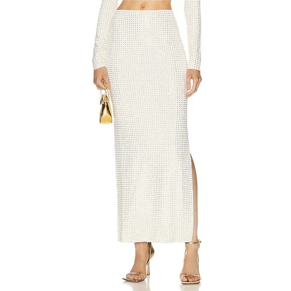 Aya Muse Spara Ivory Rhinestone Maxi Skirt High Waist Slit Small